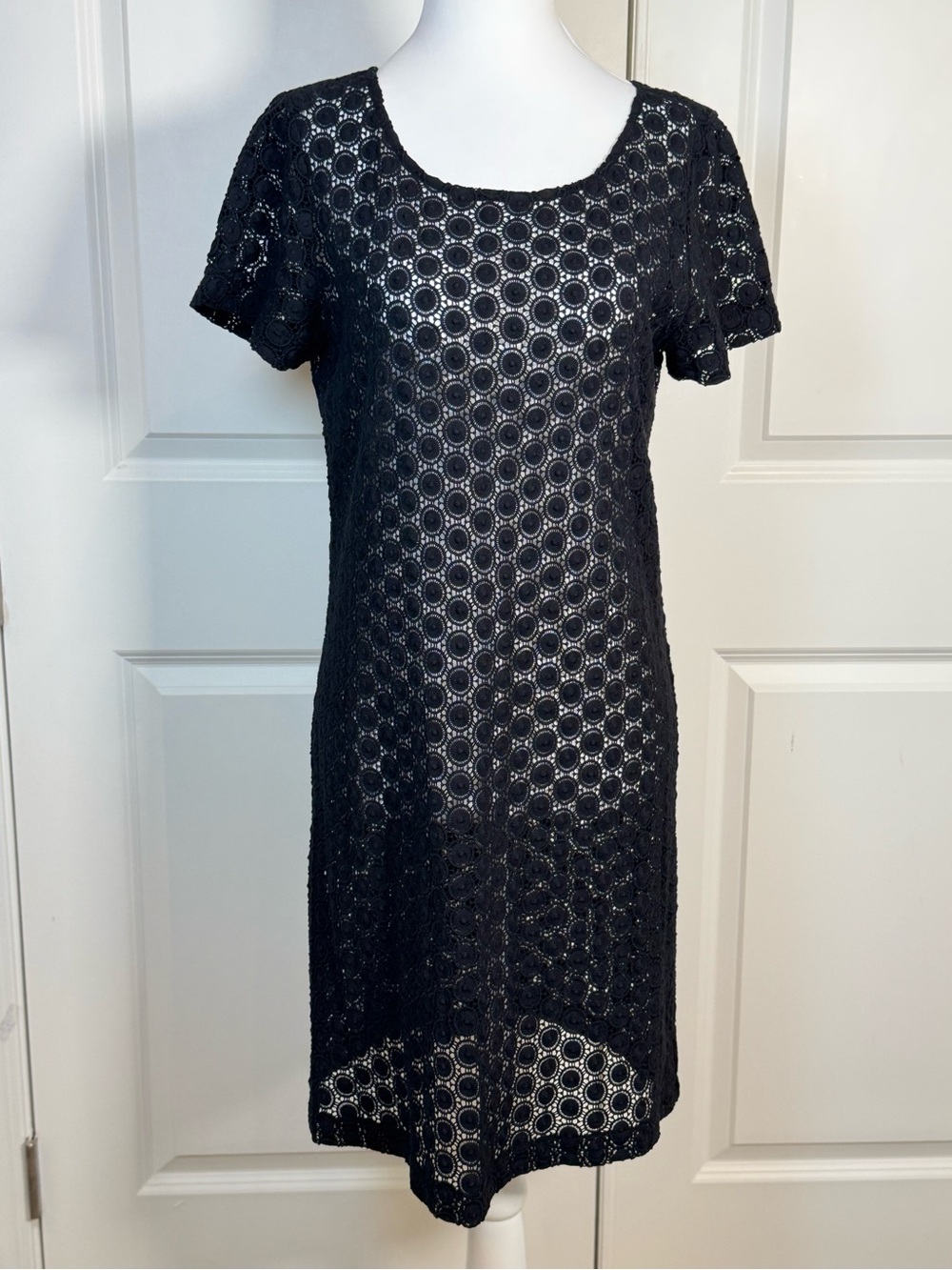 Black Crochet Swim Cover Lace Shift Dress Resort Cruise Beach Casual M Amy Matto